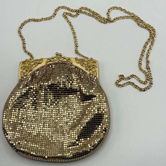 Whiting & David Vintage Gold Clutch With Optional Chain Purse - Rhinestone Detai - Picture 4 of 9